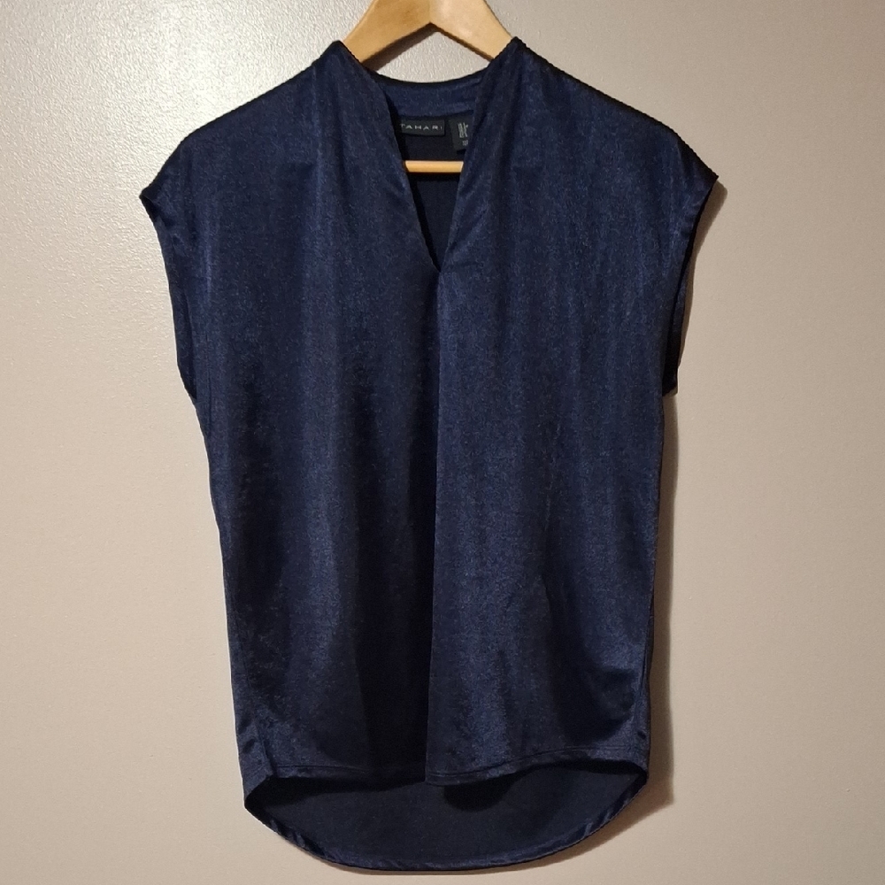 Tahari Navy Blue V-Neck Blouse